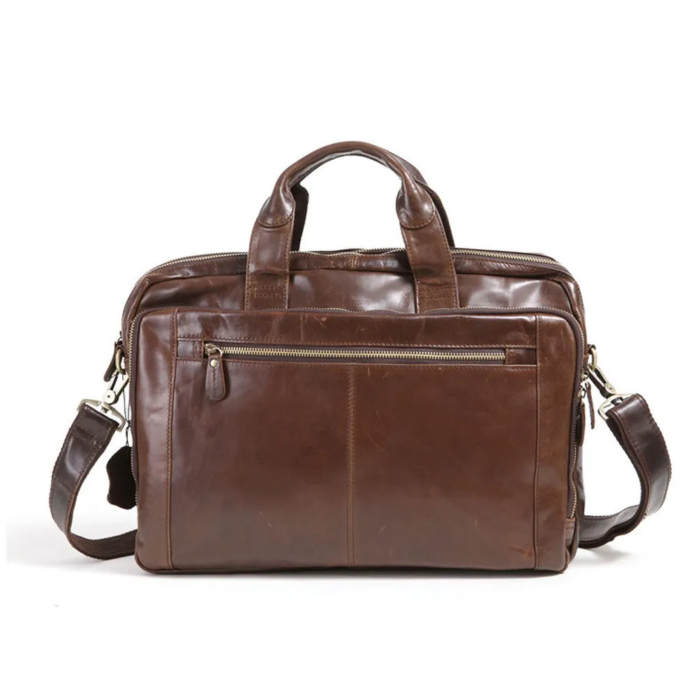 Brown men's first layer cowhide business briefcase 18 inch laptop bag on table