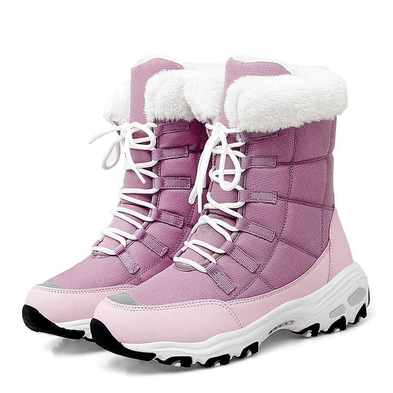 Moipheng women's winter ankle boots with round toe, thick bottom heel, and warm lining in beige colour