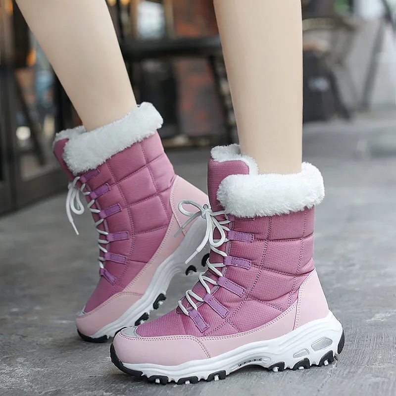 Moipheng women's winter ankle boots with round toe, thick bottom heel, and warm lining in beige colour