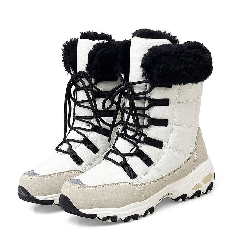 Moipheng women's winter ankle boots with round toe, thick bottom heel, and warm lining in beige colour