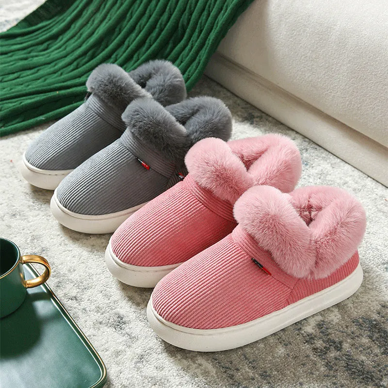 Winter plush corduroy house slippers for men and women warm fleece lined slip on shoes in coffee colour