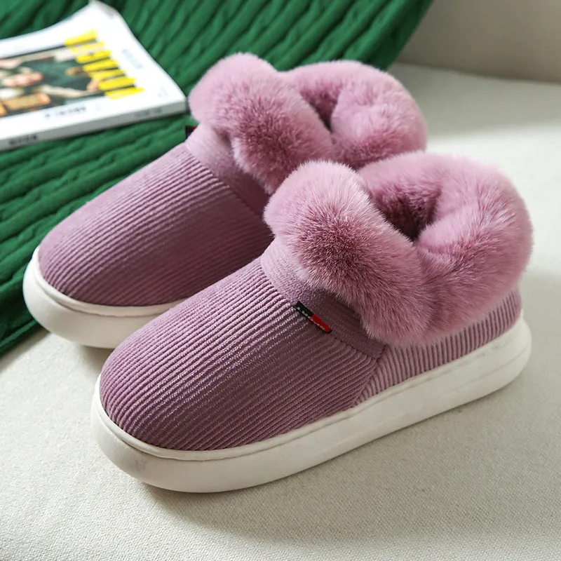 Winter plush corduroy house slippers for men and women warm fleece lined slip on shoes in coffee colour