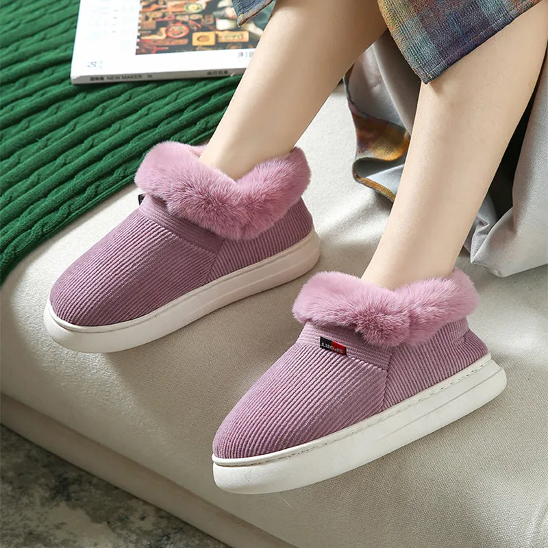 Winter plush corduroy house slippers for men and women warm fleece lined slip on shoes in coffee colour