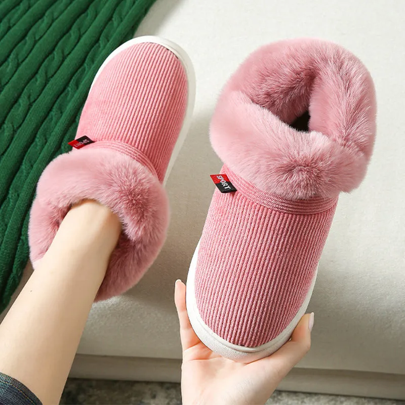 Winter plush corduroy house slippers for men and women warm fleece lined slip on shoes in coffee colour