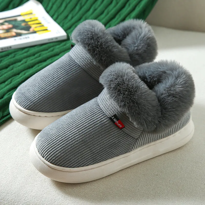 Winter plush corduroy house slippers for men and women warm fleece lined slip on shoes in coffee colour
