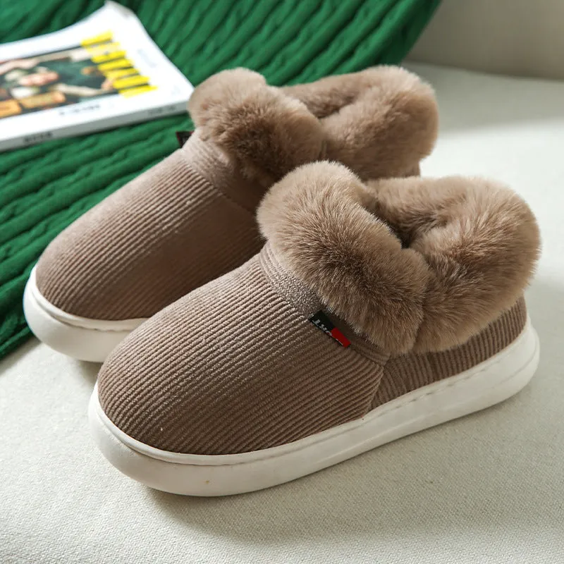 Winter plush corduroy house slippers for men and women warm fleece lined slip on shoes in coffee colour