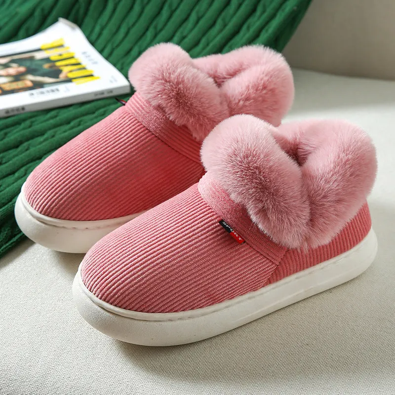 Winter plush corduroy house slippers for men and women warm fleece lined slip on shoes in coffee colour