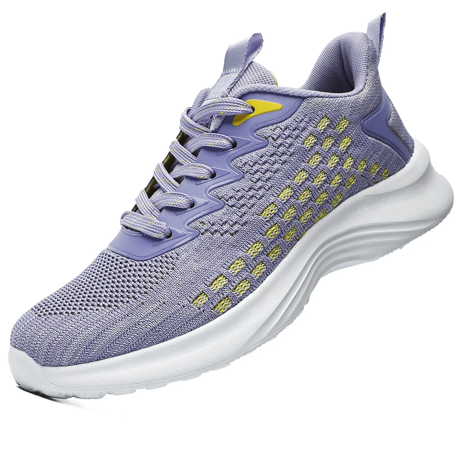 Women's lavender purple flyknit running shoes with mesh upper and striped pattern on a white background.