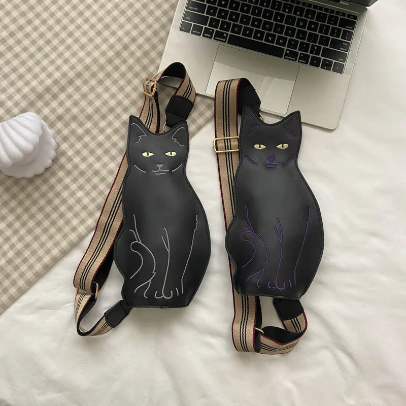 Cute cat print women's chest bag in soft PU, gray colour, with double strap connectors and canvas lining