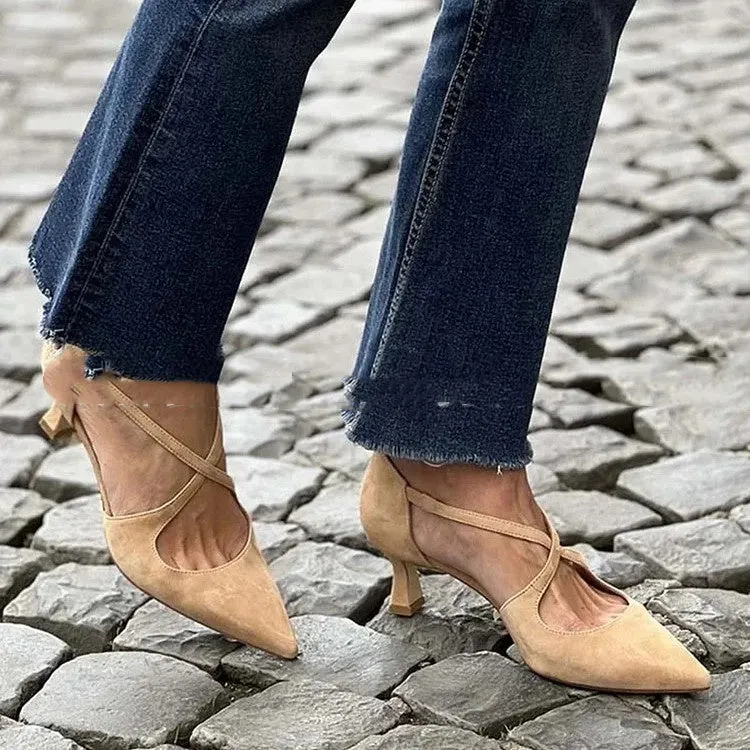 Plus size suede pointed toe high heel sandals with cross buckle strap in green colour