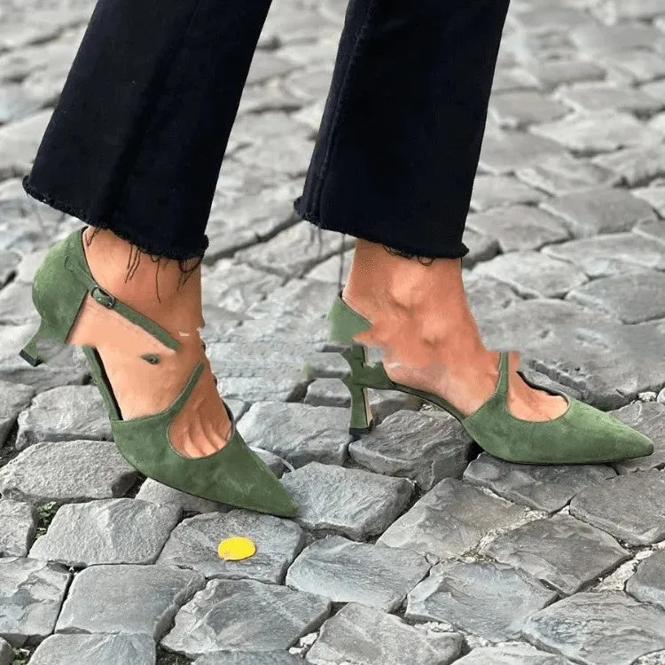 Plus size suede pointed toe high heel sandals with cross buckle strap in green colour