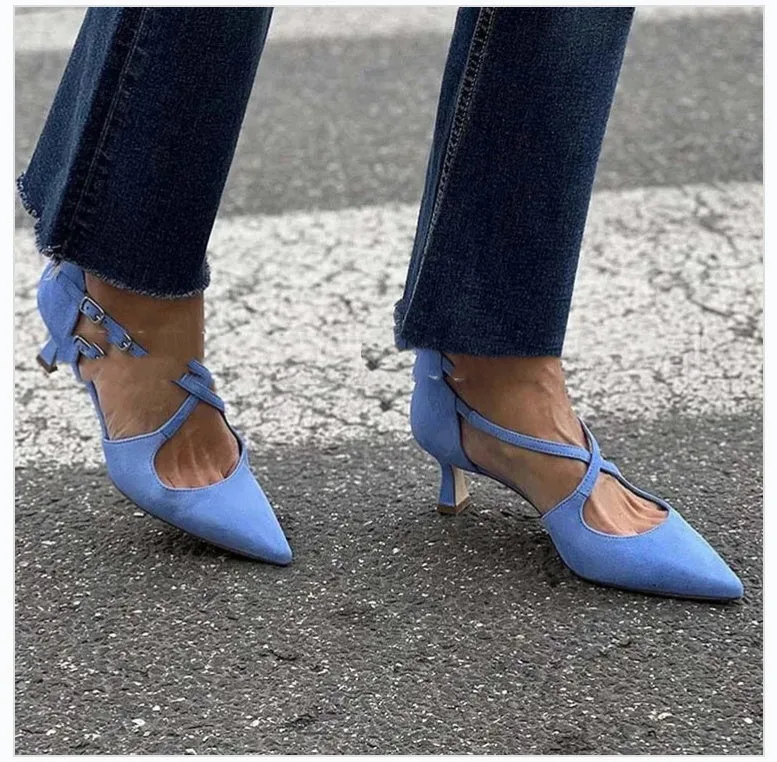 Plus size suede pointed toe high heel sandals with cross buckle strap in green colour