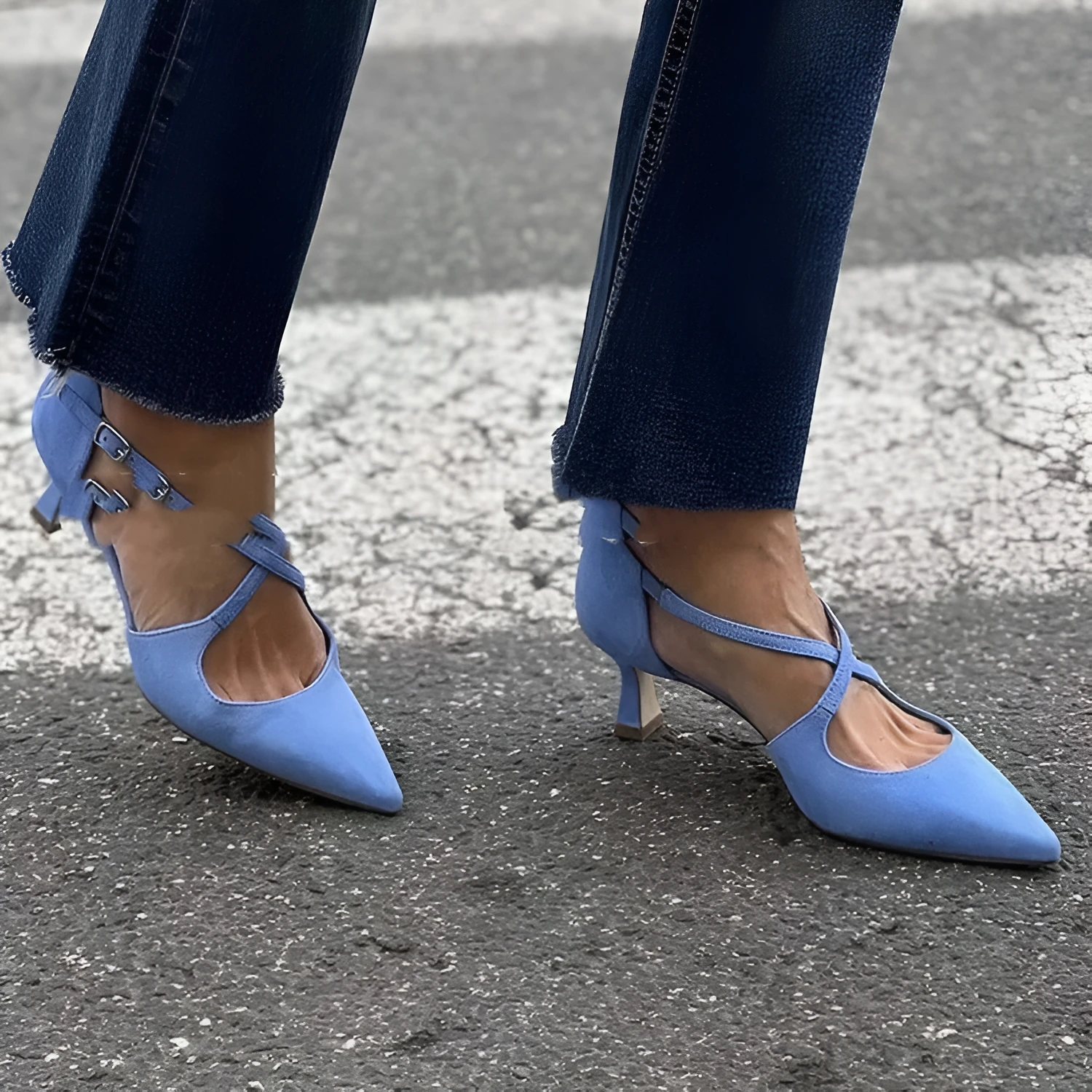 Plus size suede pointed toe high heel sandals with cross buckle strap in green colour