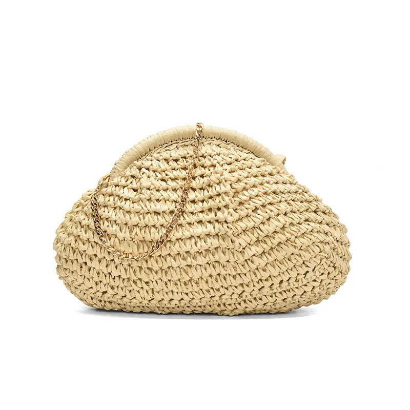 Women's khaki shell-shaped straw shoulder bag with a chain strap detail