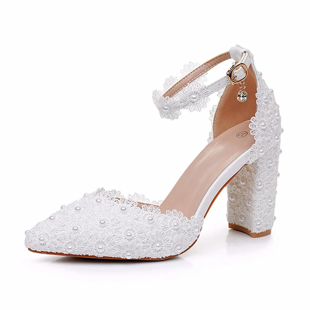 White chunky heel pointed sandals with artificial PU upper and buckle closure