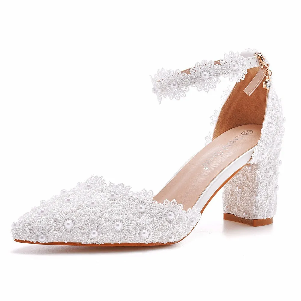 White chunky heel pointed sandals with artificial PU upper and buckle closure