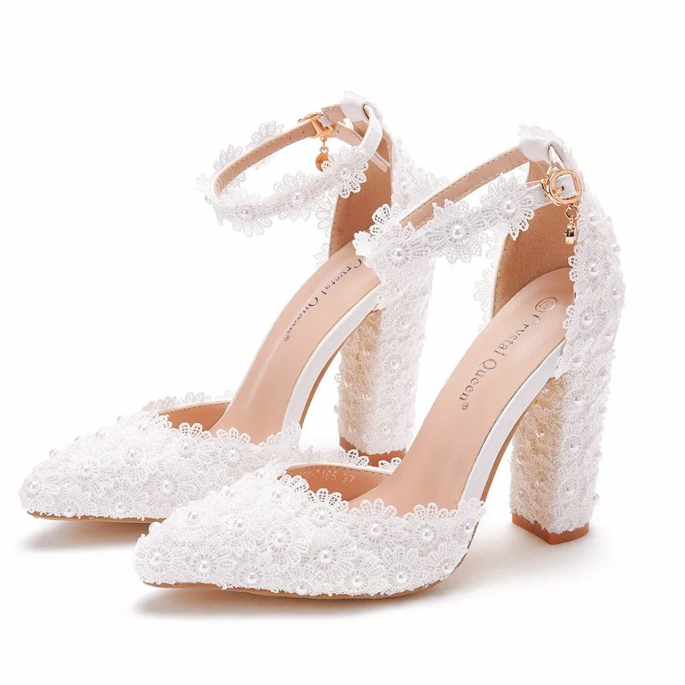 White chunky heel pointed sandals with artificial PU upper and buckle closure