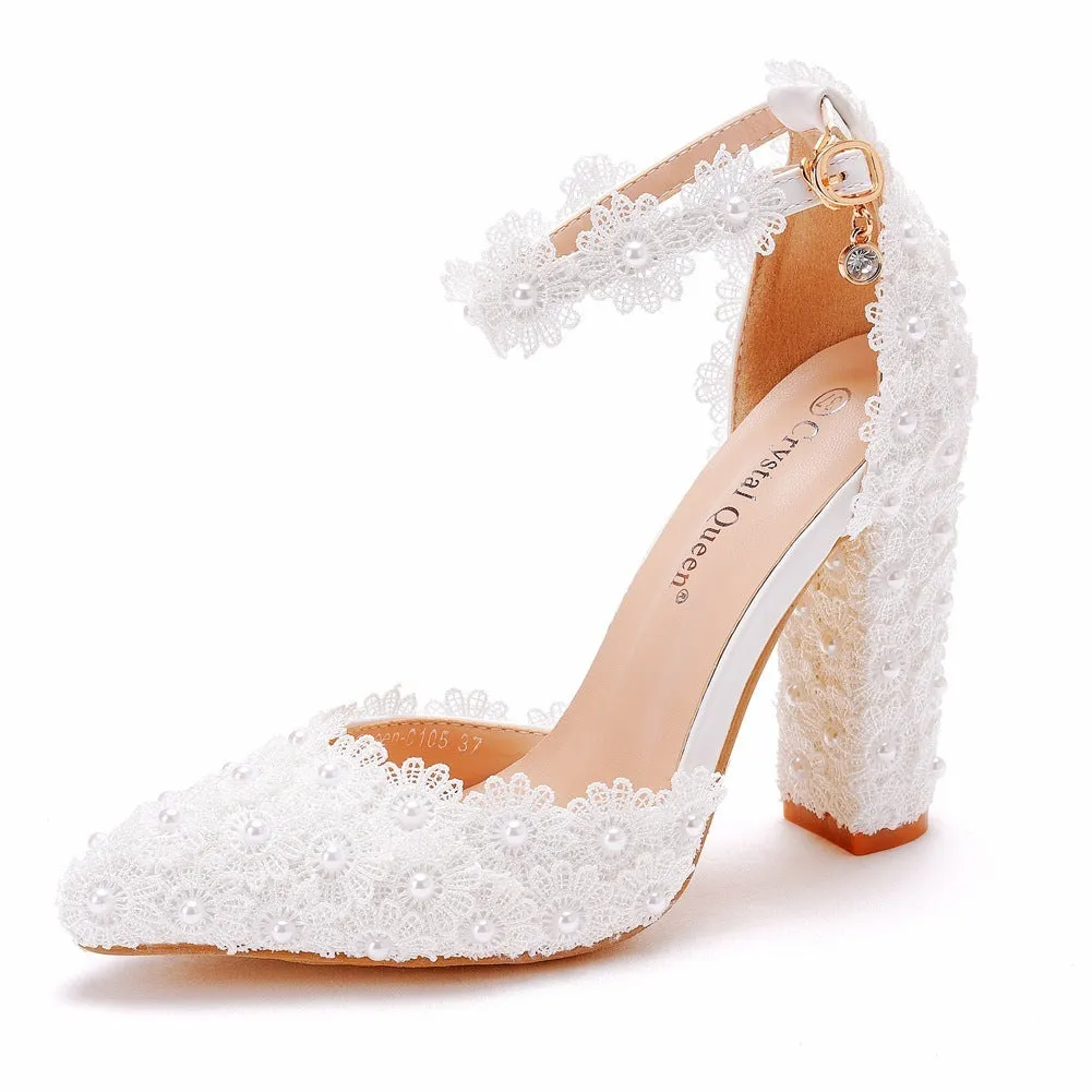 White chunky heel pointed sandals with artificial PU upper and buckle closure