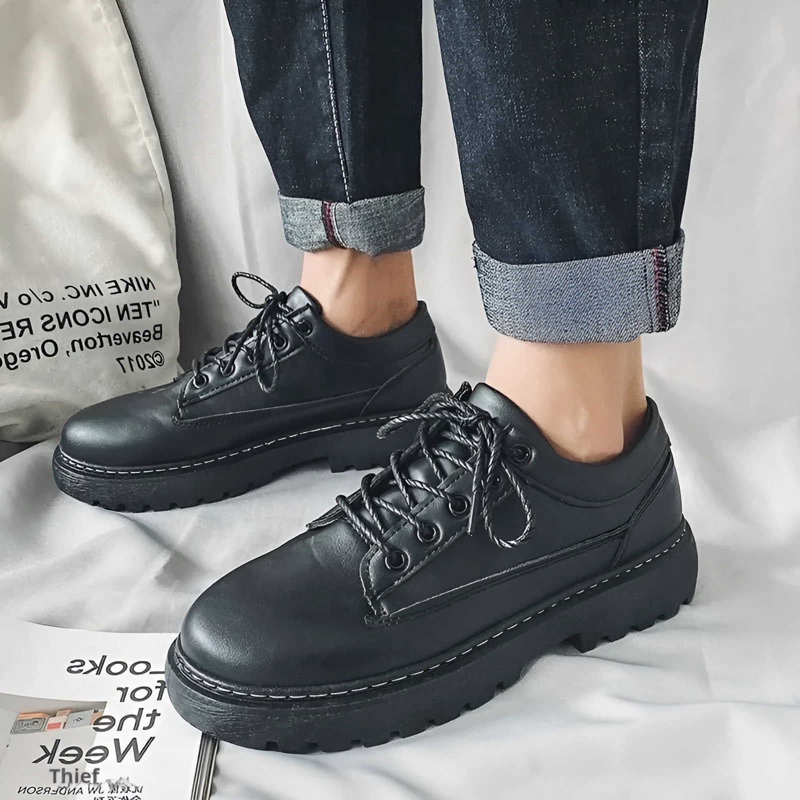 Black men's casual platform shoes with hidden elevator, synthetic leather upper and rubber sole