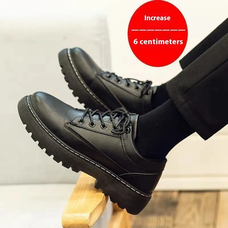 Black men's casual platform shoes with hidden elevator, synthetic leather upper and rubber sole