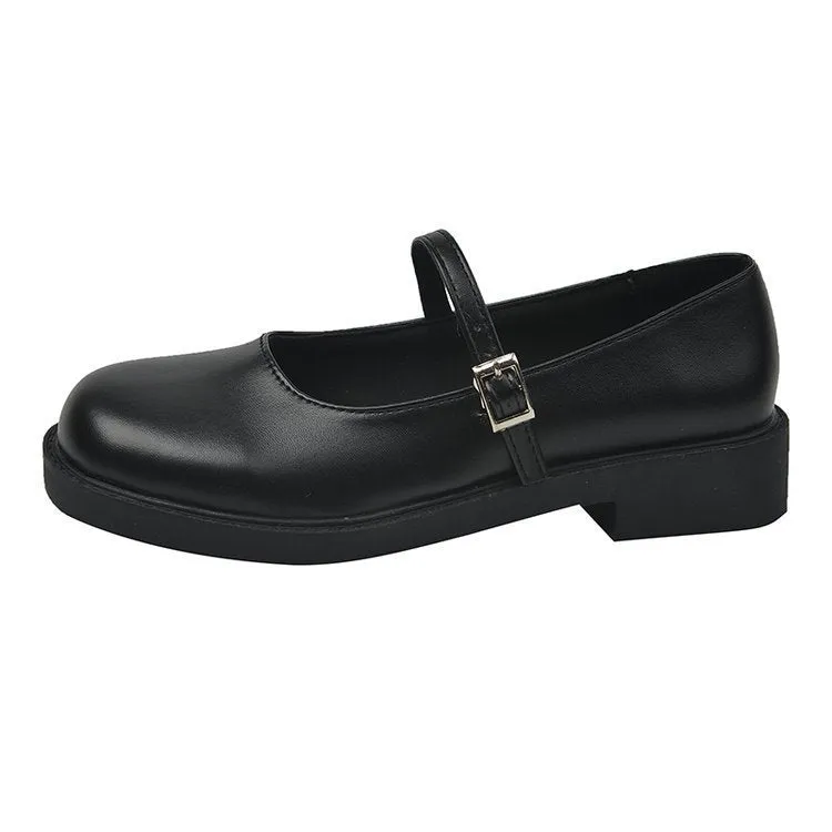 Women's solid colour French vintage leather shoes with flat heel and round toe in red, black and grey options