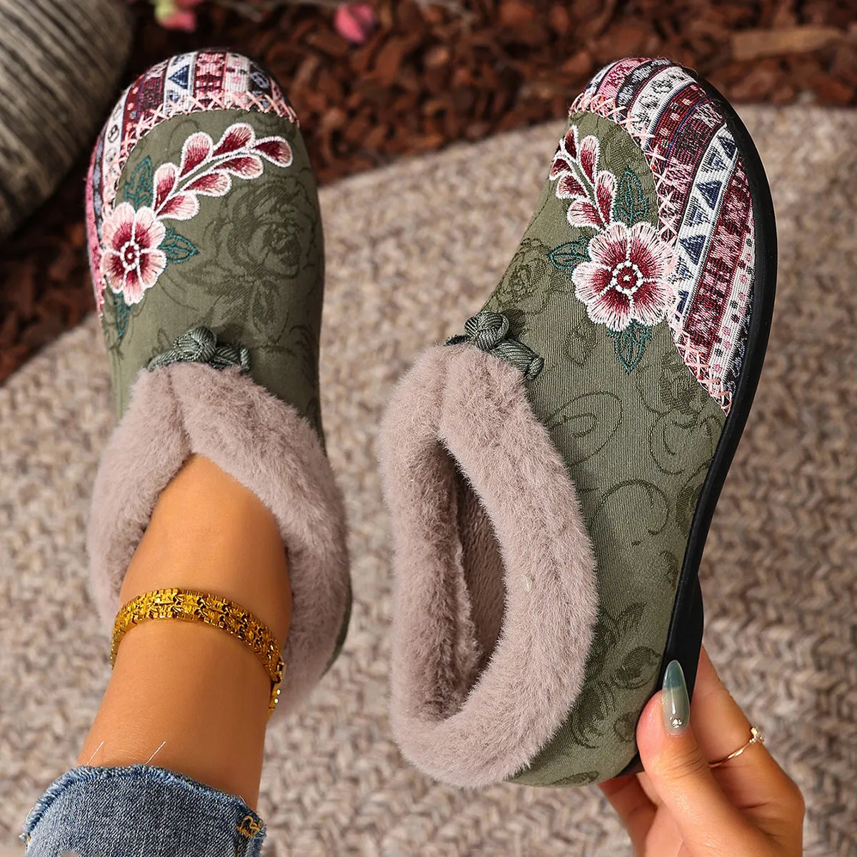 Flat bottom embroidery cotton shoes for women with floral pattern, round toe, PVC sole, available in multiple colours and sizes.