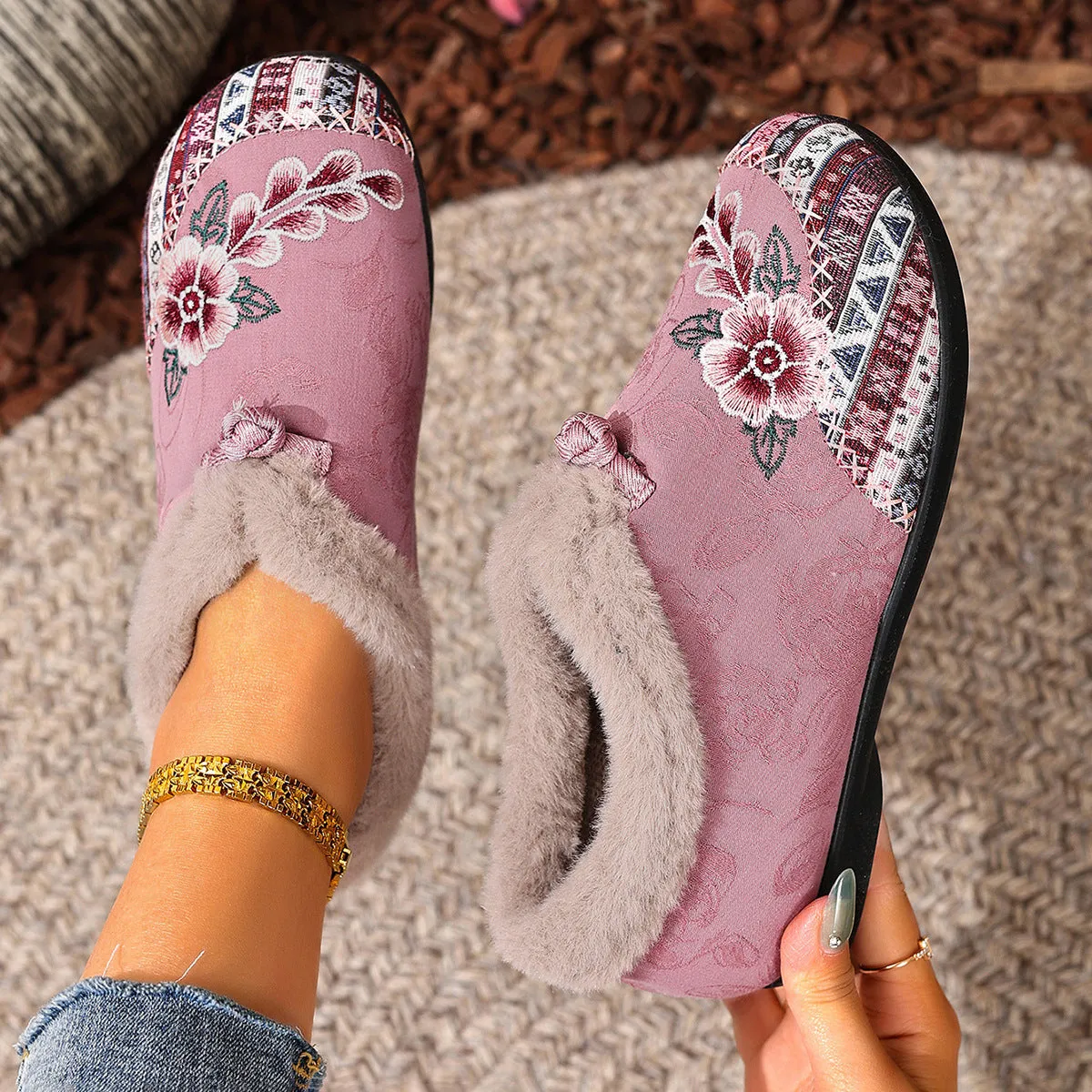 Flat bottom embroidery cotton shoes for women with floral pattern, round toe, PVC sole, available in multiple colours and sizes.