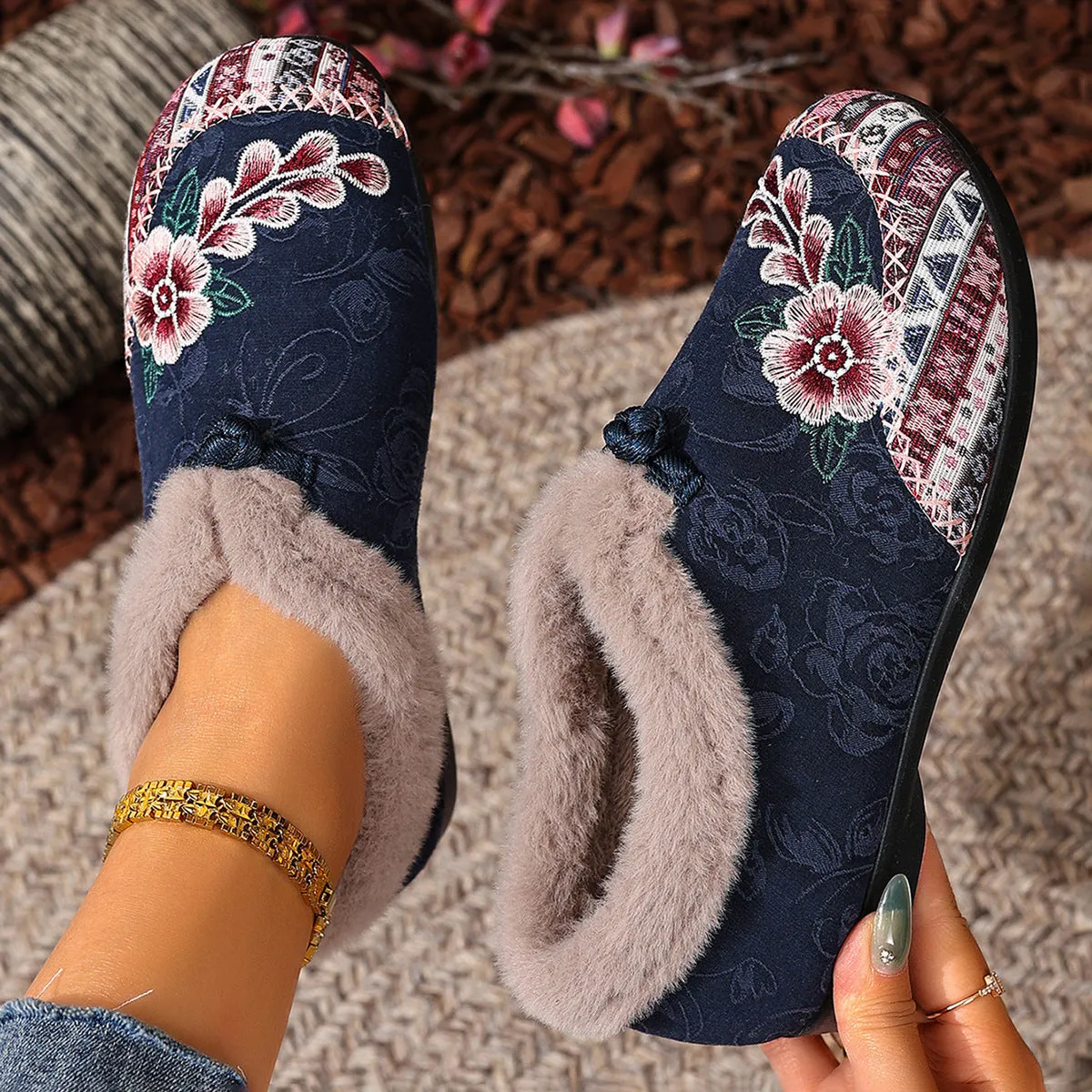 Flat bottom embroidery cotton shoes for women with floral pattern, round toe, PVC sole, available in multiple colours and sizes.