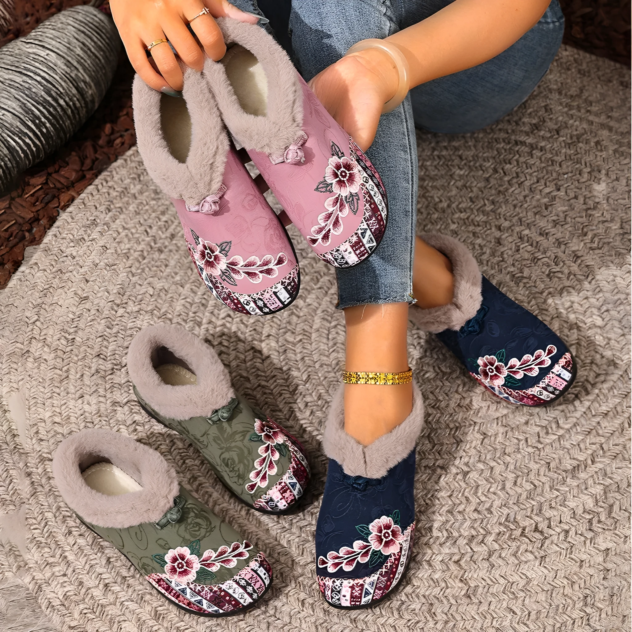 Flat bottom embroidery cotton shoes for women with floral pattern, round toe, PVC sole, available in multiple colours and sizes.