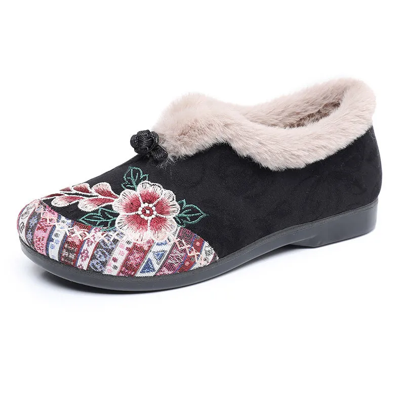 Flat bottom embroidery cotton shoes for women with floral pattern, round toe, PVC sole, available in multiple colours and sizes.