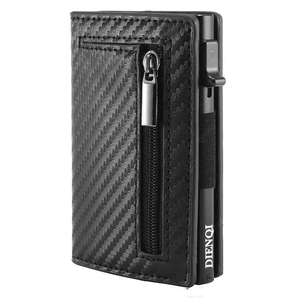 Genuine leather men's wallet with carbon fiber pattern, black finish, anti-theft card protection