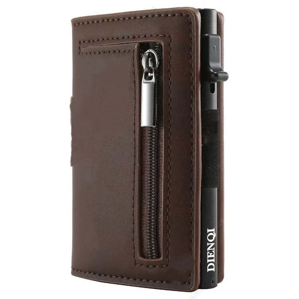 Genuine leather men's wallet with carbon fiber pattern, black finish, anti-theft card protection