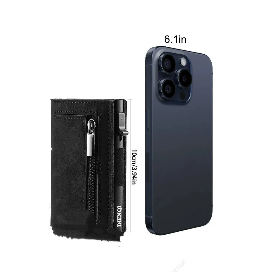 Genuine leather men's wallet with carbon fiber pattern, black finish, anti-theft card protection