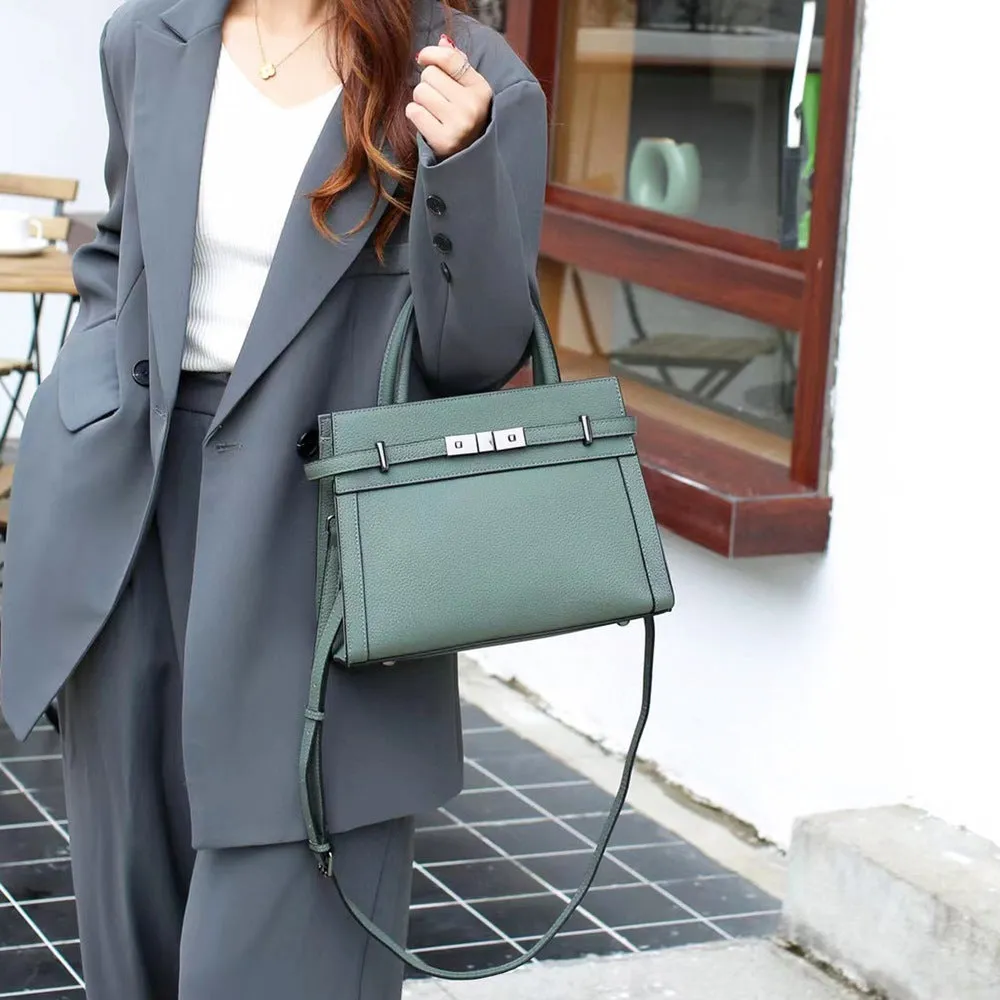 Small square genuine leather shoulder bag with zip compartments in six colour options