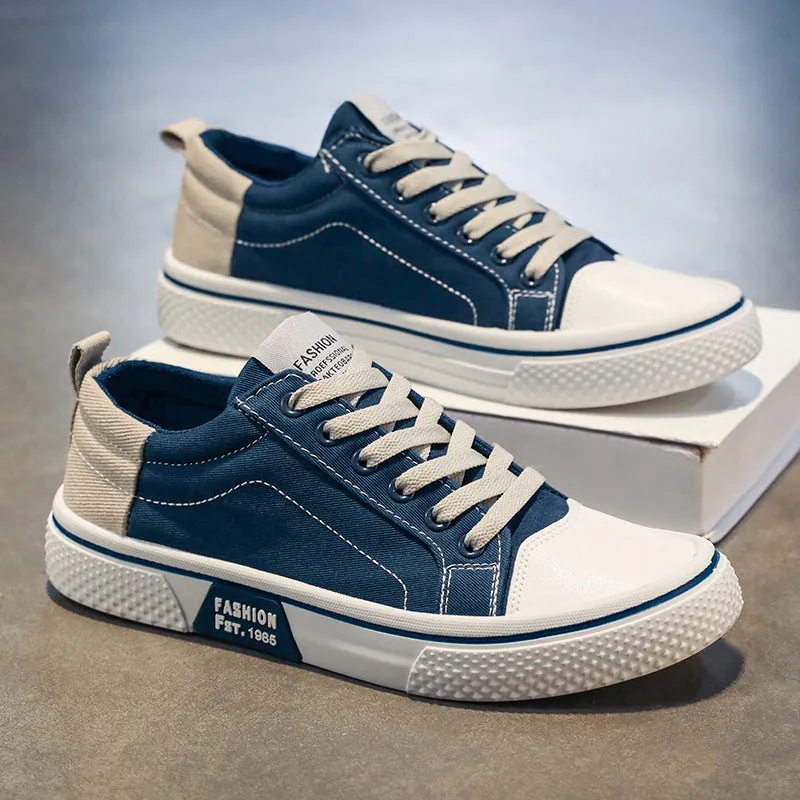 Men's soft-soled casual canvas shoes in beige with round toe and lace-up closure