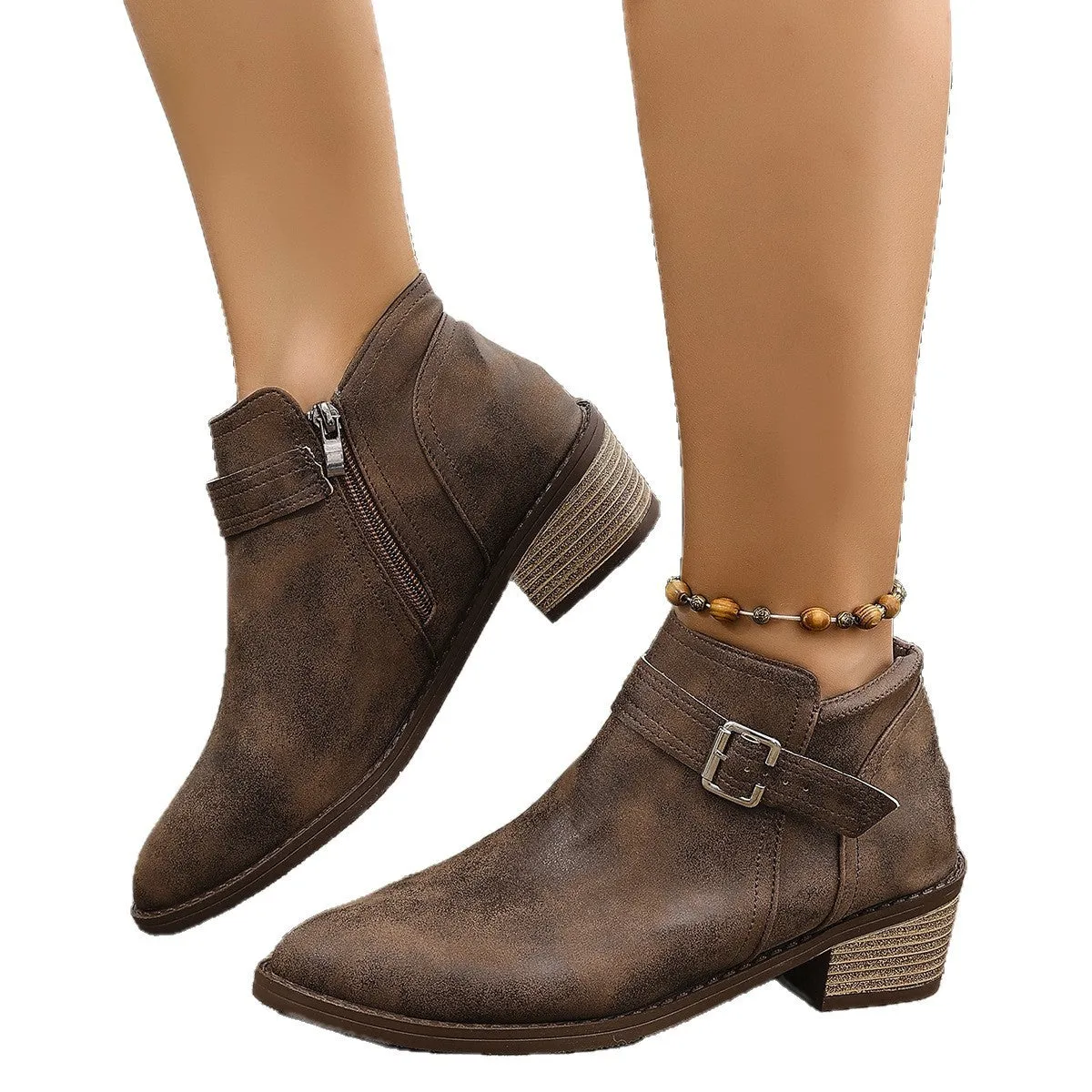 Autumn pointed female boots with chunky heel and belt buckle detail in black