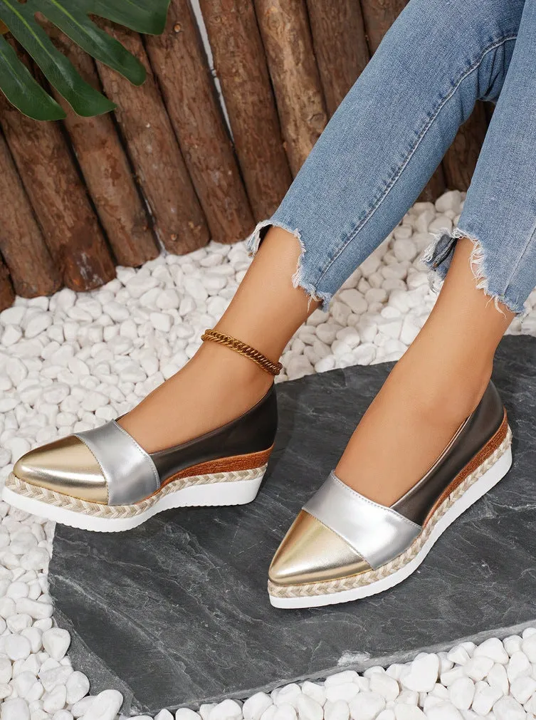 Pointed toe wedge pump with thick hemp rope bottom, multicolor finish, and rubber sole