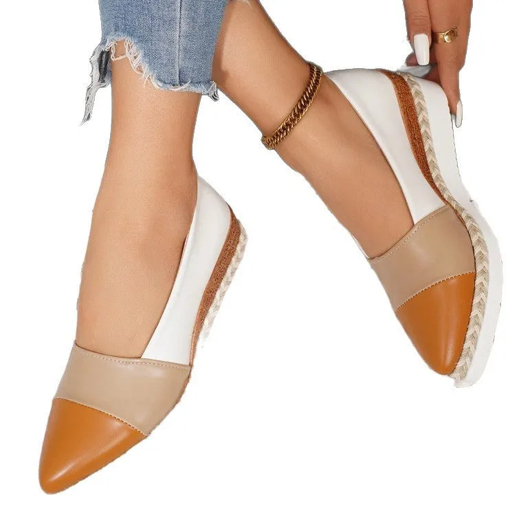 Pointed toe wedge pump with thick hemp rope bottom, multicolor finish, and rubber sole