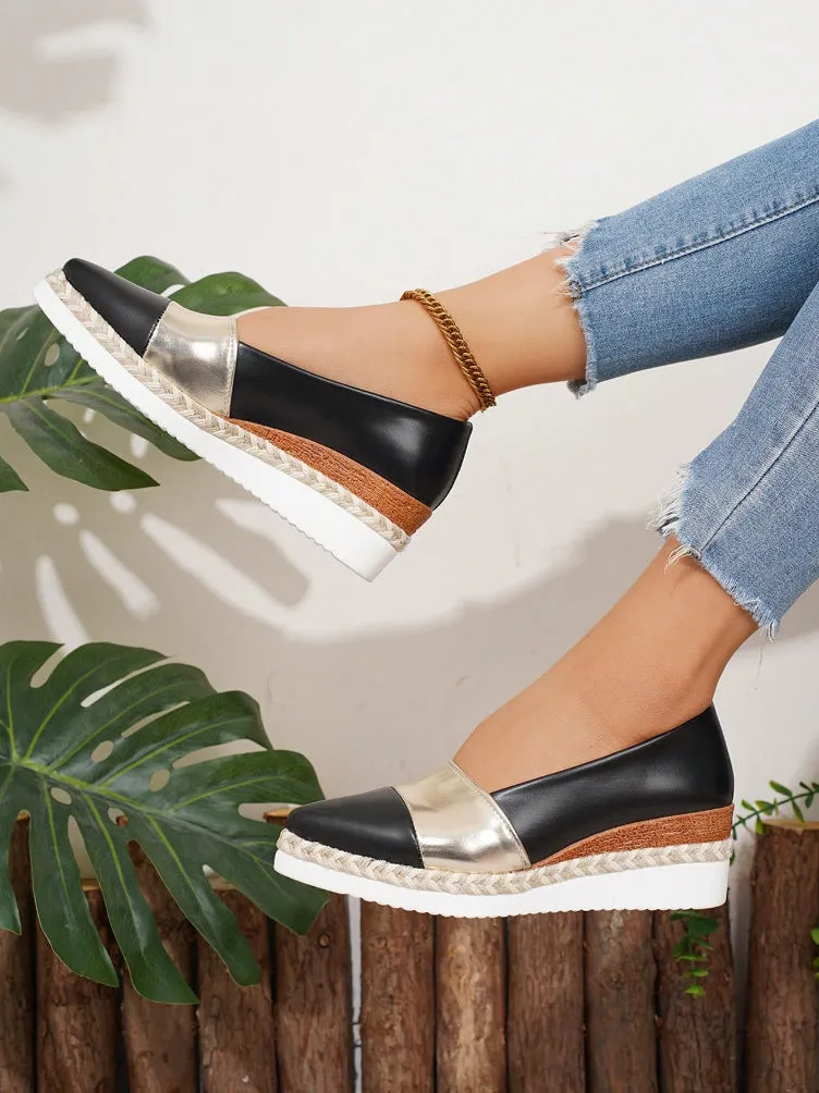Pointed toe wedge pump with thick hemp rope bottom, multicolor finish, and rubber sole
