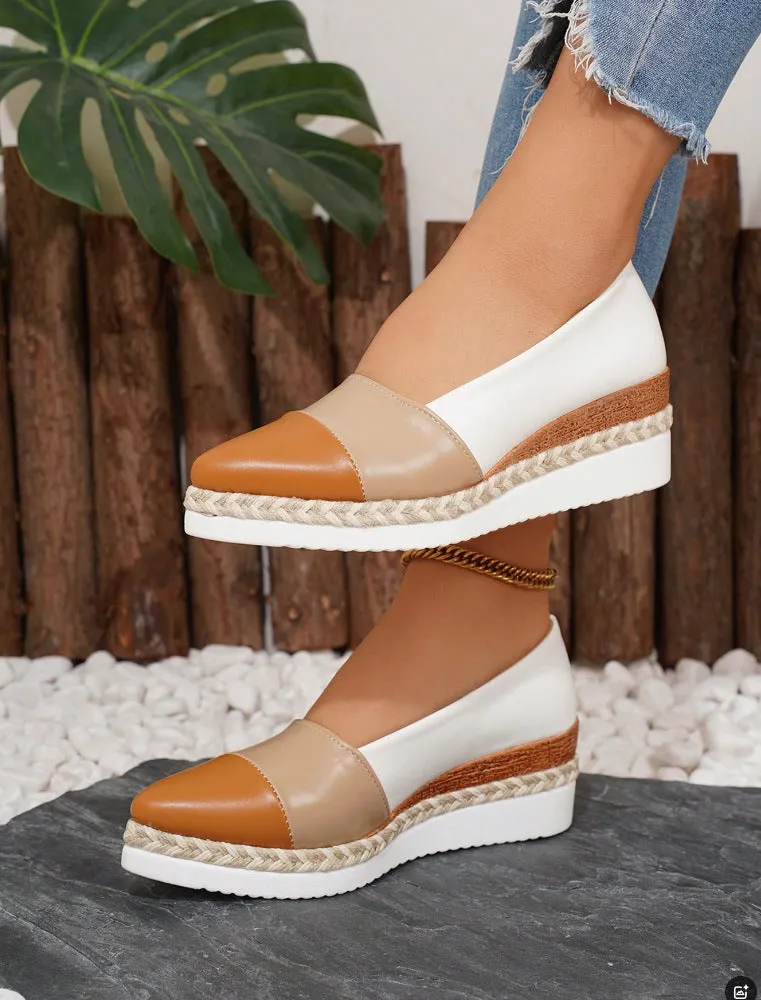 Pointed toe wedge pump with thick hemp rope bottom, multicolor finish, and rubber sole