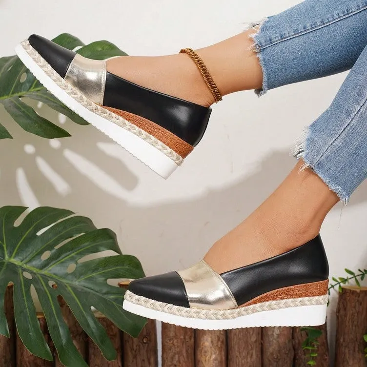 Pointed toe wedge pump with thick hemp rope bottom, multicolor finish, and rubber sole