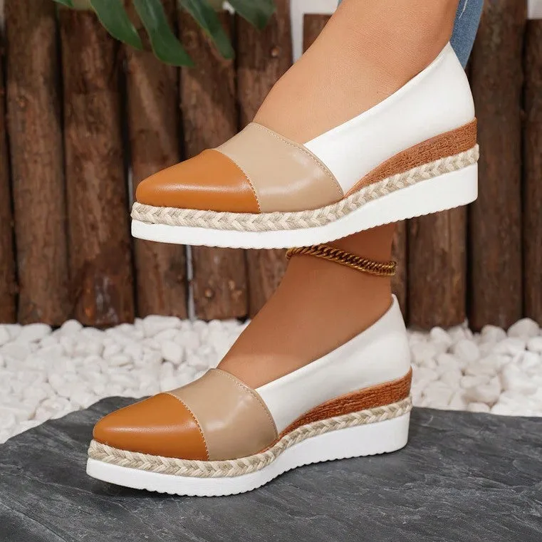 Pointed toe wedge pump with thick hemp rope bottom, multicolor finish, and rubber sole