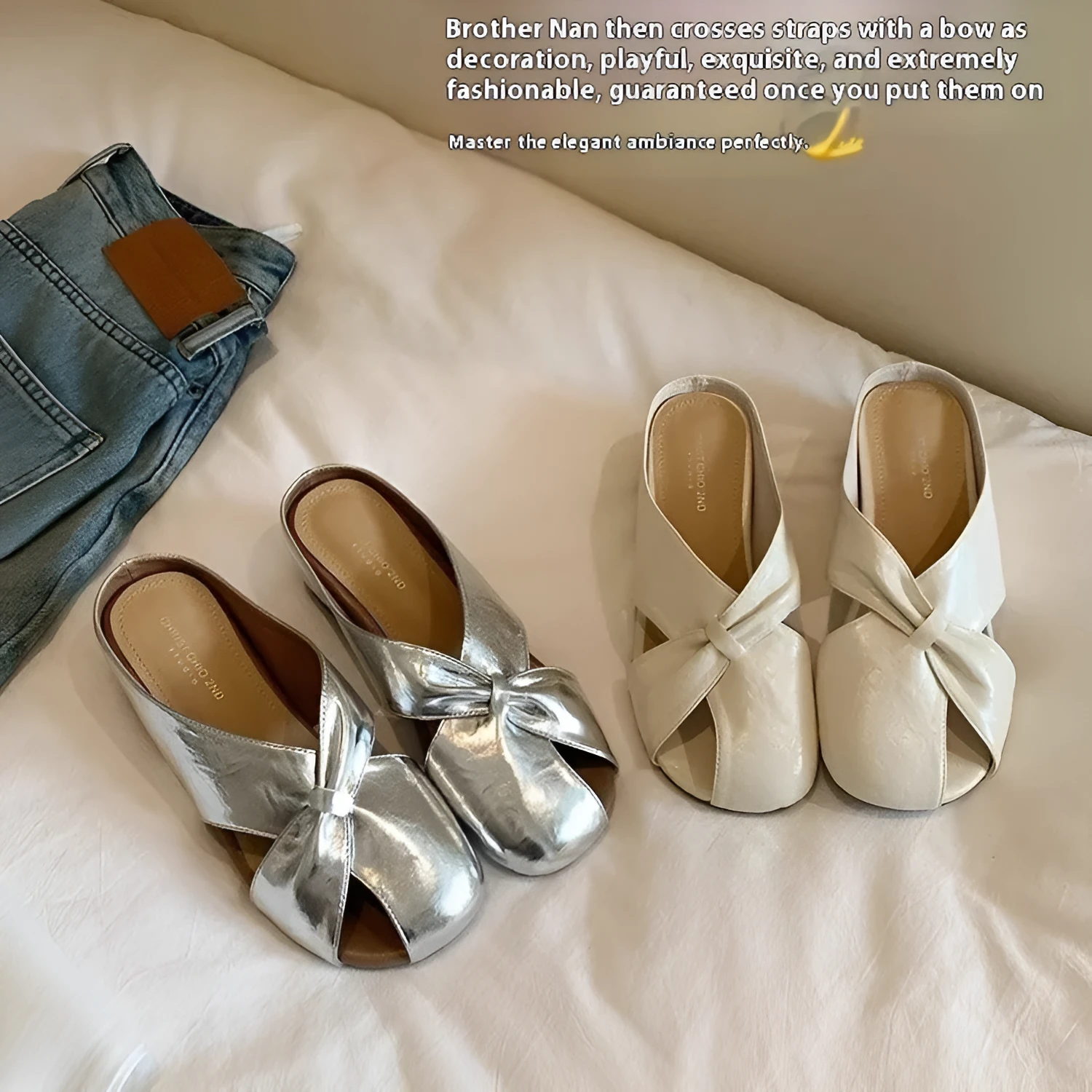 Women's hollow-out half slippers in beige with patent PU leather upper and rubber sole
