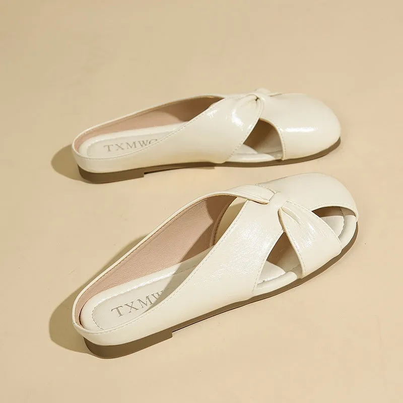 Women's hollow-out half slippers in beige with patent PU leather upper and rubber sole
