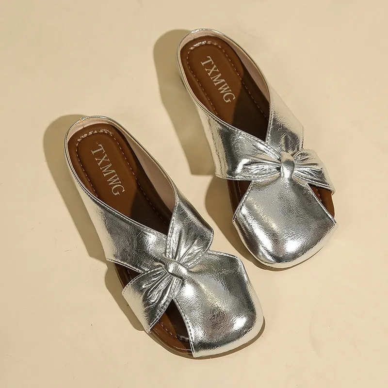 Women's hollow-out half slippers in beige with patent PU leather upper and rubber sole