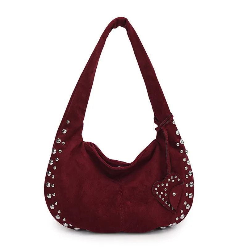 Soft plush casual tote handbag in retro style shown in multiple colour options including black, red, and brown.