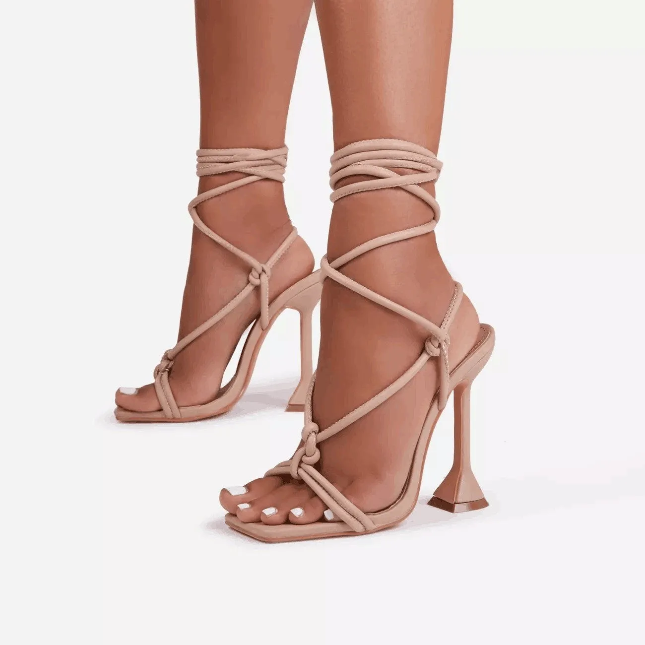 Women's square toe strappy high heel sandals with stiletto heel and cross straps in black