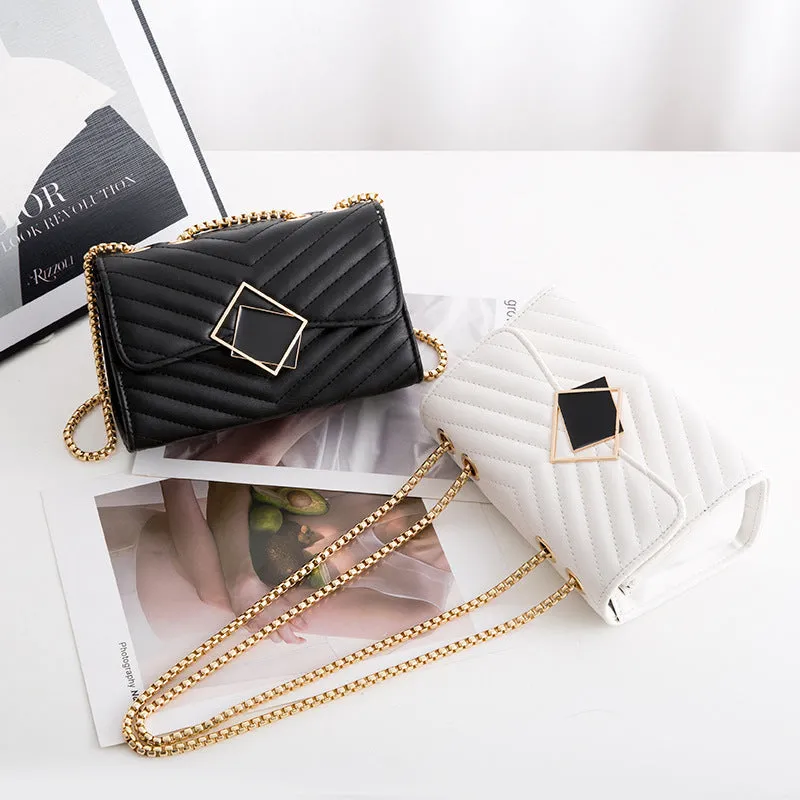 Small PU crossbody bag with chain, sequins and diamond plaid, black square buckle, front view