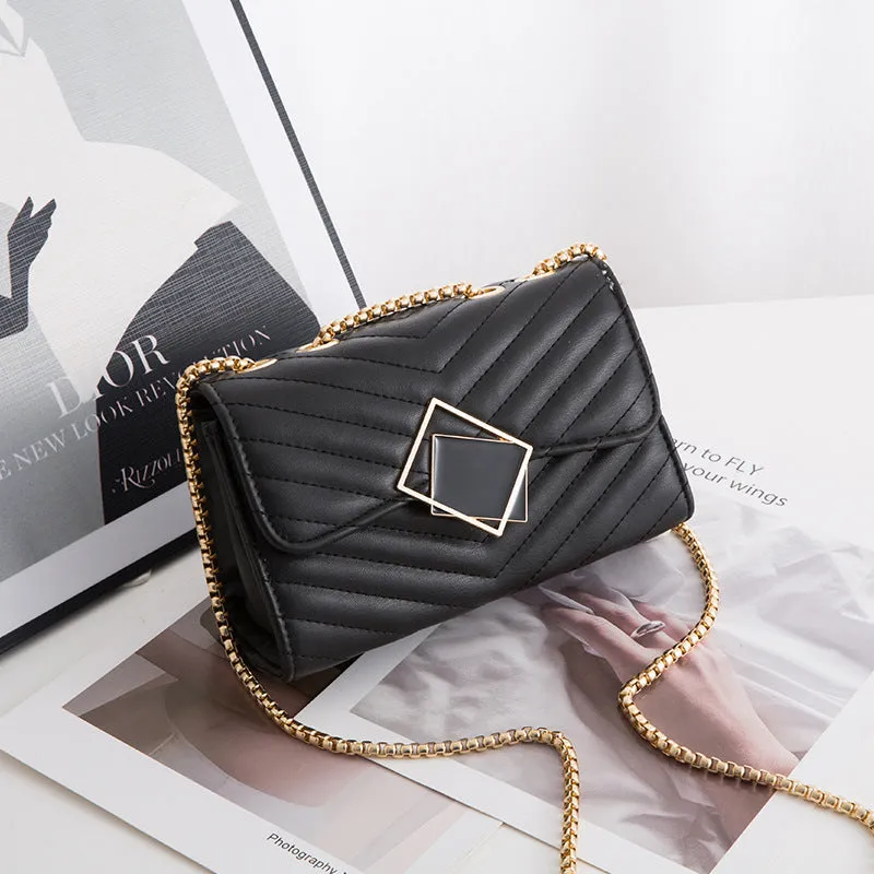 Small PU crossbody bag with chain, sequins and diamond plaid, black square buckle, front view