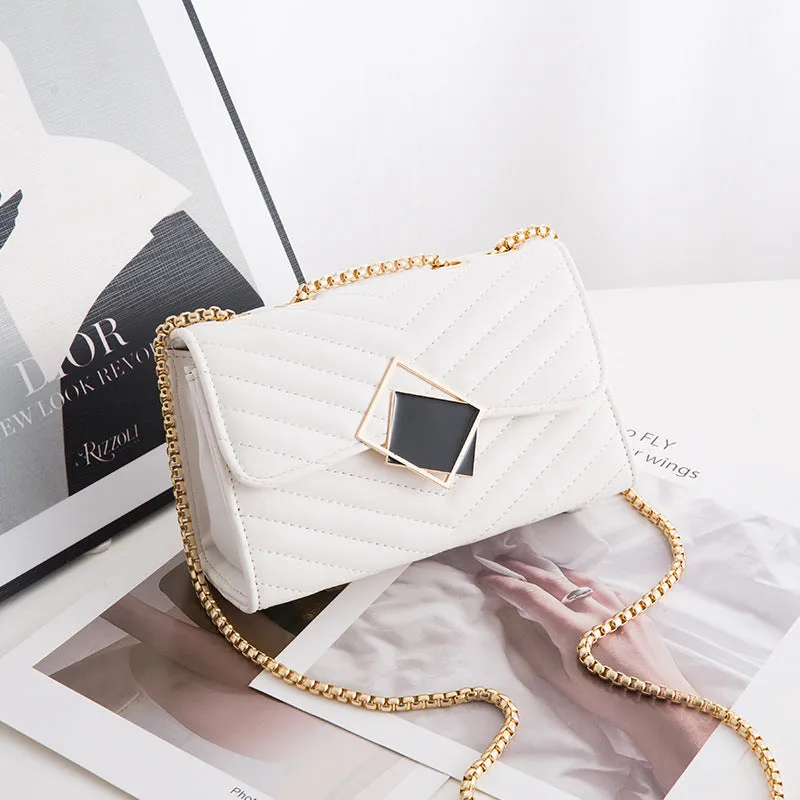 Small PU crossbody bag with chain, sequins and diamond plaid, black square buckle, front view